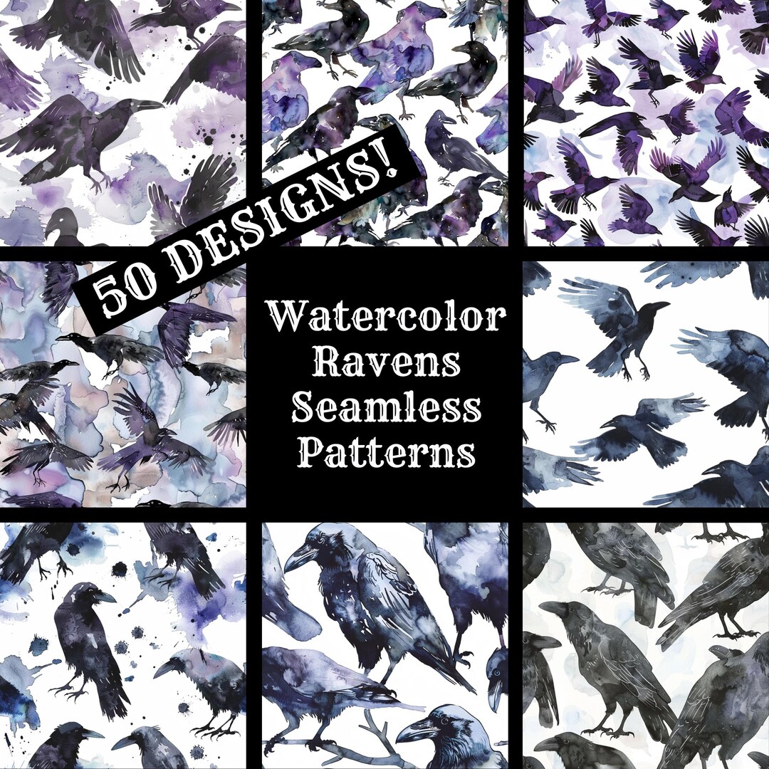 Watercolor Ravens Seamless Digital Paper, Printable Scrapbook Paper ...