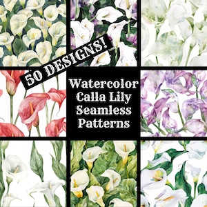 Könnte beinhalten: Eine Sammlung von 50 nahtlosen Aquarellmustern mit Calla-Lilien in verschiedenen Farben und Anordnungen. Der Text "50 DESIGNS! Watercolor Calla Lily Seamless Patterns" wird in einem schwarzen Kasten angezeigt.