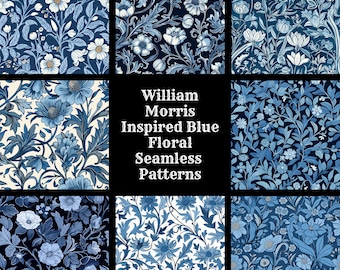 Può includere: 50 motivi floreali blu senza cuciture ispirati a William Morris. I motivi presentano una varietà di motivi floreali blu su sfondi bianchi, crema e blu scuro.