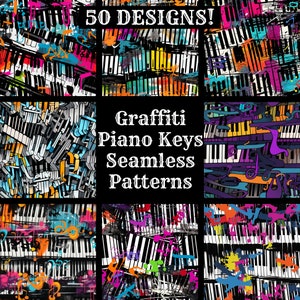 May include: A collage of seamless patterns featuring piano keys with graffiti art. The designs showcase a variety of colorful styles, including splashes of paint and musical notes. The text reads "50 DESIGNS!" and "Graffiti Piano Keys Seamless Patterns."