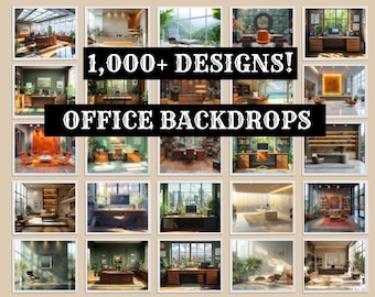 May include: A collage of 20 different office backdrops, featuring various styles and designs. The text "1,000+ DESIGNS! OFFICE BACKDROPS" is displayed in the center of the image.