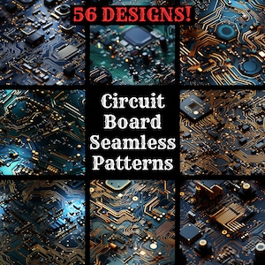 Puede incluir: Un collage de 56 patrones diferentes de placas de circuito. Los patrones son sin costuras y presentan una variedad de colores, incluidos el azul, el verde, el dorado y el negro. El texto "Circuit Board Seamless Patterns" se muestra en el centro del collage.