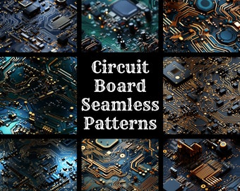 May include: A collage of 56 different circuit board patterns. The patterns are seamless and feature a variety of colors, including blue, green, gold, and black. The text "Circuit Board Seamless Patterns" is displayed in the center of the collage.