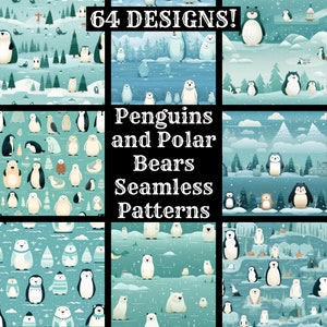 Papel digital sin costuras de pingüinos y osos polares, texturas sin costuras de papel de álbum de recortes imprimible, descarga instantánea, paquete de paquetes de uso comercial