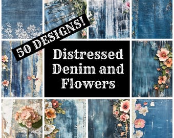 Distressed Denim & Flowers Journal Paper: Vintage Scrapbook (Digital Download)