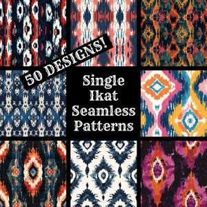 May include: A collection of 50 single ikat seamless patterns. The patterns are in various colors, including blue, red, yellow, and orange. The patterns are all geometric and have a traditional ikat style.