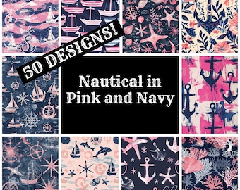 Pink & Navy Nautical Digital Paper: Vintage Journal Inserts (Digital Download)