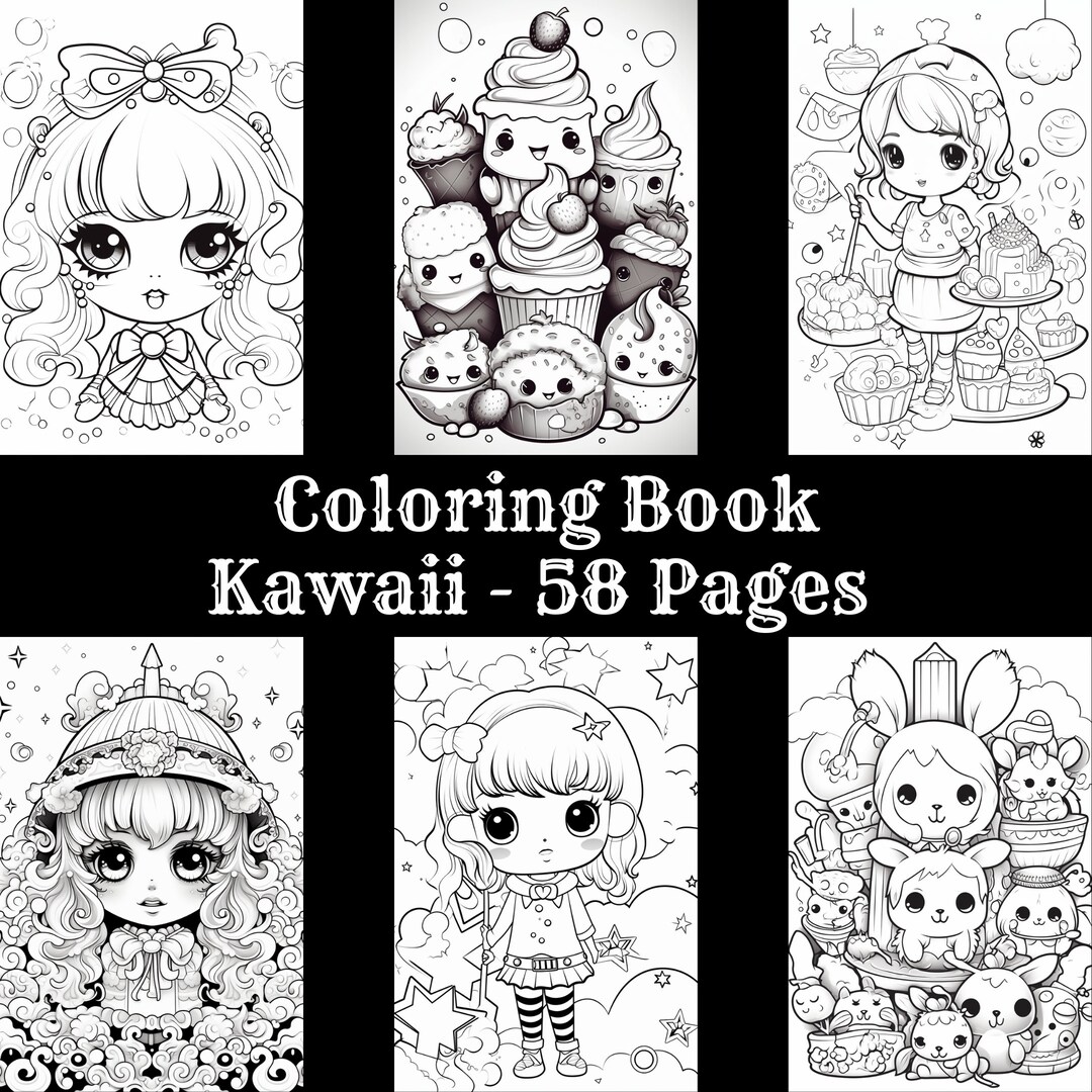 Kawaii Grayscale Coloring Pages for Adults and Kids - Instant PDF ...