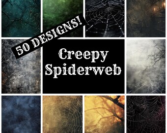 May include: A collage of 50 creepy spiderweb designs. The images feature various styles of spiderwebs, including intricate, detailed, and realistic webs. The webs are set against a variety of backgrounds, including dark forests, misty landscapes, and spooky settings. The text "50 DESIGNS! Creepy Spiderweb" is superimposed on the collage.