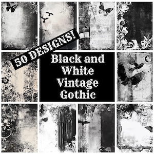 Puede incluir: Un collage de 50 diseños de papel digital gótico vintage en blanco y negro. Los diseños presentan varios elementos como flores, pájaros y marcos ornamentados.