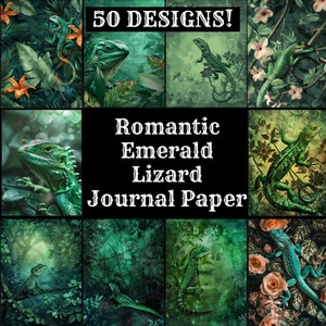 May include: A collage of 50 digital paper designs featuring emerald green lizards, flowers, and foliage. The text "Romantic Emerald Lizard Journal Paper" is displayed in the center of the collage.