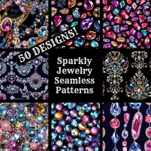 Könnte beinhalten: Eine Collage aus 50 glitzernden, nahtlosen Schmuckmustern. Die Muster zeigen verschiedene Farben und Stile von Edelsteinen, darunter Blau, Rot, Lila und Grün. Der Text "Glitzernde Schmuckmuster ohne Nähte" befindet sich in der Mitte der Collage.