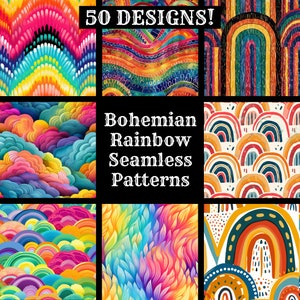 May include: A collage of 50 colourful, seamless patterns featuring bohemian rainbow designs. The patterns include wavy lines, clouds, rainbows, and abstract shapes.