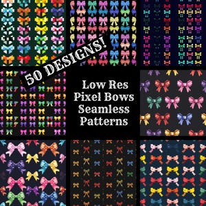 May include: 50 pixel bow designs in various colors, including red, blue, green, yellow, pink, and purple. The designs are seamless and can be used for crafts, scrapbooking, or digital projects. Low Res Pixel Bows Seamless Patterns.