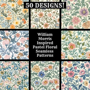 Papel digital sin costuras con motivos florales en colores pastel inspirado en William Morris, papel para álbumes de recortes imprimible con texturas sin costuras, descarga digital instantánea