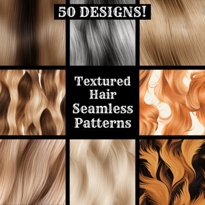 May include: A collage of 50 textured hair seamless patterns. The patterns feature different hair colors and styles, including blonde, brown, red, and gray. The text "Textured Hair Seamless Patterns" is displayed in the center of the collage.