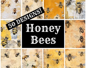 May include: A collage of 50 different designs featuring honey bees on a vintage background. The text "50 DESIGNS! Honey Bees" is displayed in the center of the collage.
