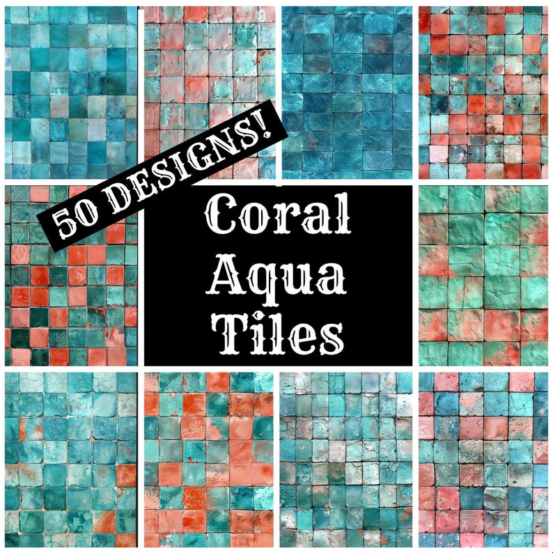 a collage of different colored tiles with the words 50 designs coral aqua tiles