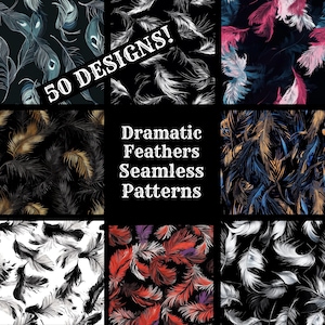 Może przedstawiać: Kolaż dziewięciu różnych wzorów bez szwów z dramatycznymi wzorami piór w różnych kolorach, w tym czarnym, białym, złotym, czerwonym, niebieskim i fioletowym. Tekst "50 DESIGNS!" i "Dramatic Feathers Seamless Patterns" jest również zawarty w obrazie.