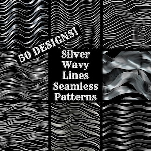 May include: A set of 9 seamless patterns featuring silver wavy lines on a black background. The text "50 DESIGNS! Silver Wavy Lines Seamless Patterns" is displayed in the centre of the image.