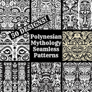 Op de afbeelding: Een set van 50 zwart-witte naadloze patronen geïnspireerd door de Polynesische mythologie. De patronen bevatten ingewikkelde ontwerpen van gezichten, spiralen en geometrische vormen.