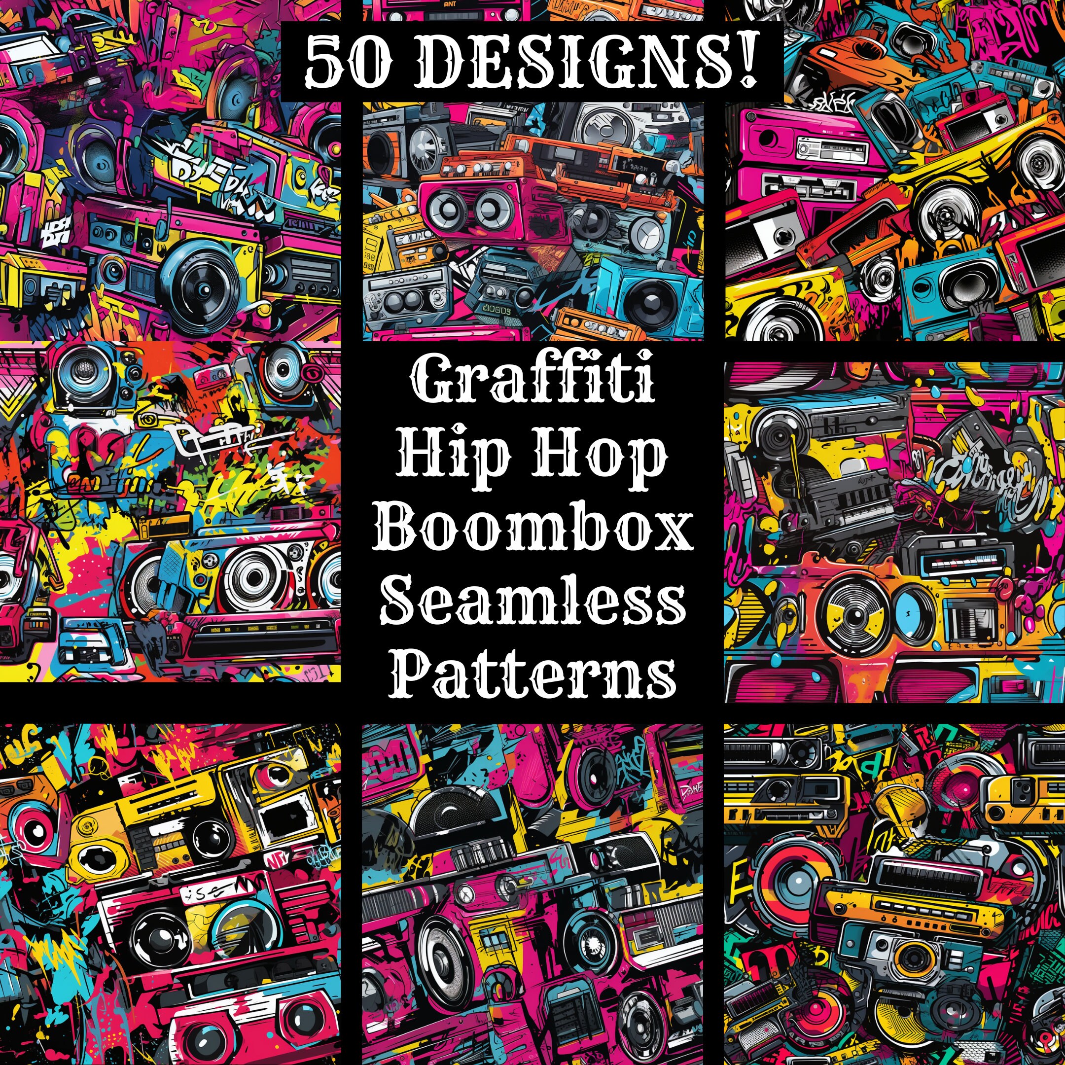 Graffiti Hip Hop Boombox Seamless Digital Paper, Printable Scrapbook