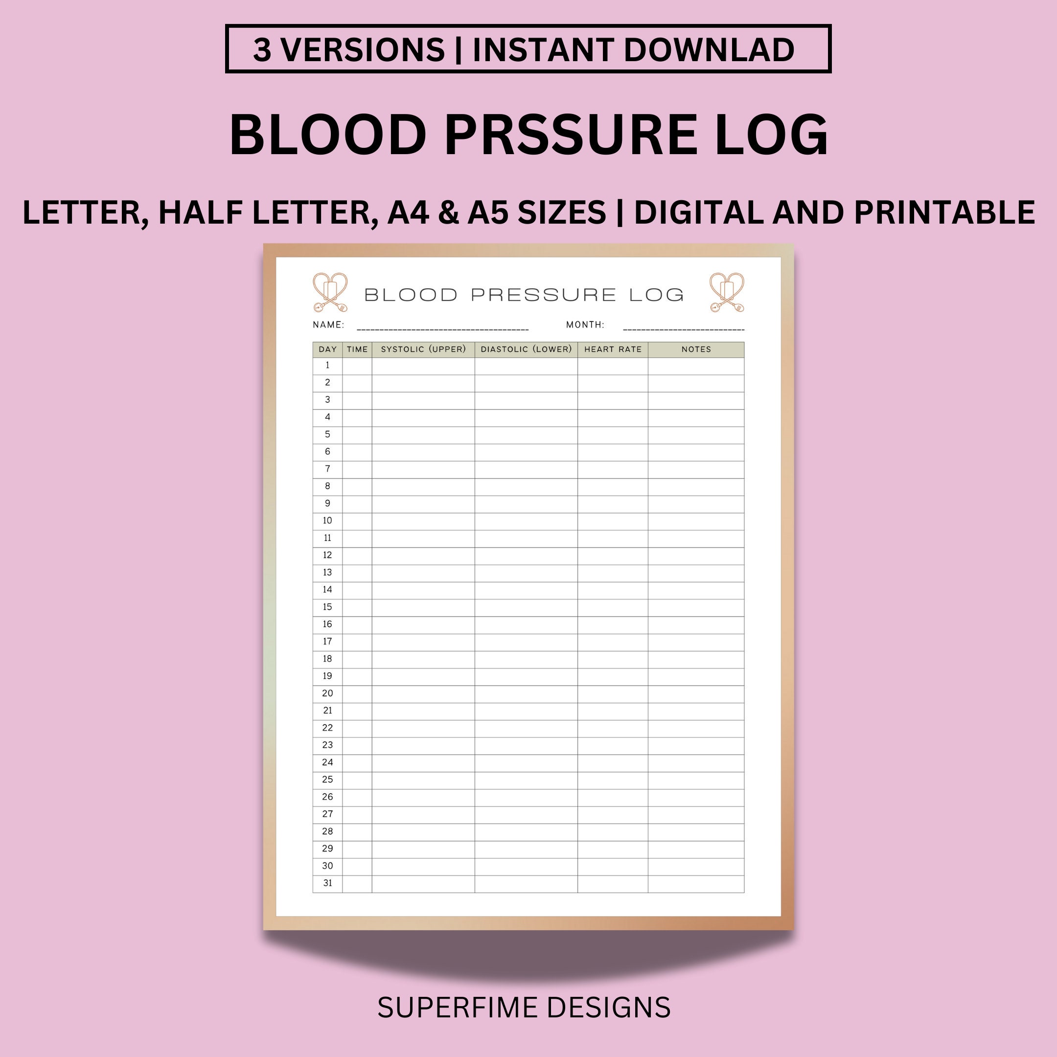 Printable Vitals Log, Blood Pressure Log, Vital signs Sheet, Vital sign sheet Vitals Log, Vital Signs Template, Vitals Tracker