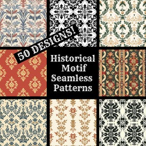 Puede incluir: Un collage de nueve patrones sin costuras de motivos históricos diferentes. Los patrones son de varios colores, incluidos rojo, azul, verde, negro y blanco. El texto "50 DESIGNS!" está en una pancarta blanca en la parte superior del collage. El texto "Historical Motif Seamless Patterns" está en blanco sobre fondo negro en el centro del collage.
