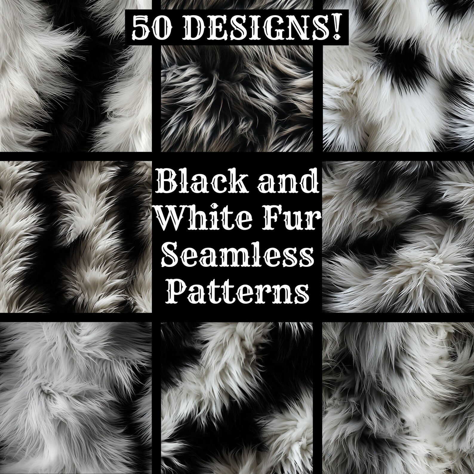 Back Fur Patterns Black and White Fur Seamless Patterns: 50 PNG Digital Papers (digital ...