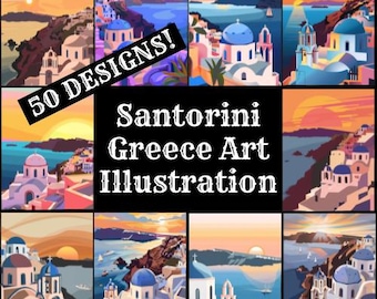 Santorini Greece Art Illustration: Digital Journal Paper (PNG)