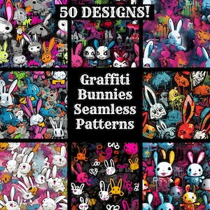 Könnte beinhalten: Eine Collage aus neun bunten, nahtlosen Mustern mit Cartoon-Hasen im Graffiti-Stil. Der Text "50 DESIGNS!" und "Graffiti Bunnies Seamless Patterns" ist in Weiß auf schwarzem Hintergrund dargestellt.