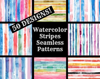 Watercolor Stripes Seamless Pattern: 50 PNG Digital Papers (Digital Download)