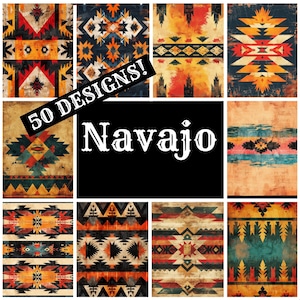 Könnte beinhalten: Eine Collage aus 12 verschiedenen Navajo-inspirierten Mustern in verschiedenen Farben, darunter Rot, Orange, Gelb, Blau, Grün und Schwarz. Die Muster sind geometrisch und zeigen traditionelle Navajo-Designs. Der Text "50 DESIGNS!" und "Navajo" ist ebenfalls im Bild enthalten.
