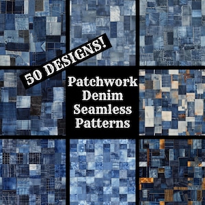 Puede incluir: Un collage de 50 patrones sin costuras de mezclilla de patchwork diferentes. Los patrones están hechos de varios tonos de tela de mezclilla azul.