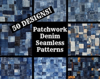 Patchwork Denim Seamless Patterns: 50 PNG Digital Papers (Digital Download)