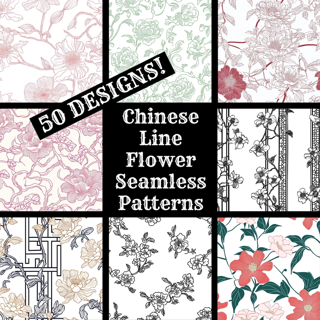 Chinese Floral Line Art Seamless Patterns: 50 PNG Digital Papers ...