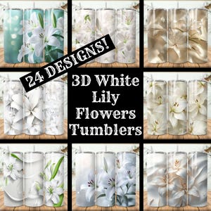Conjunto de copo de flores de lírio branco 3D Pacote de 24 pacotes de 20 onças Skinny Tumbler Sublimation Designs Copo cônico reto PNG, download instantâneo