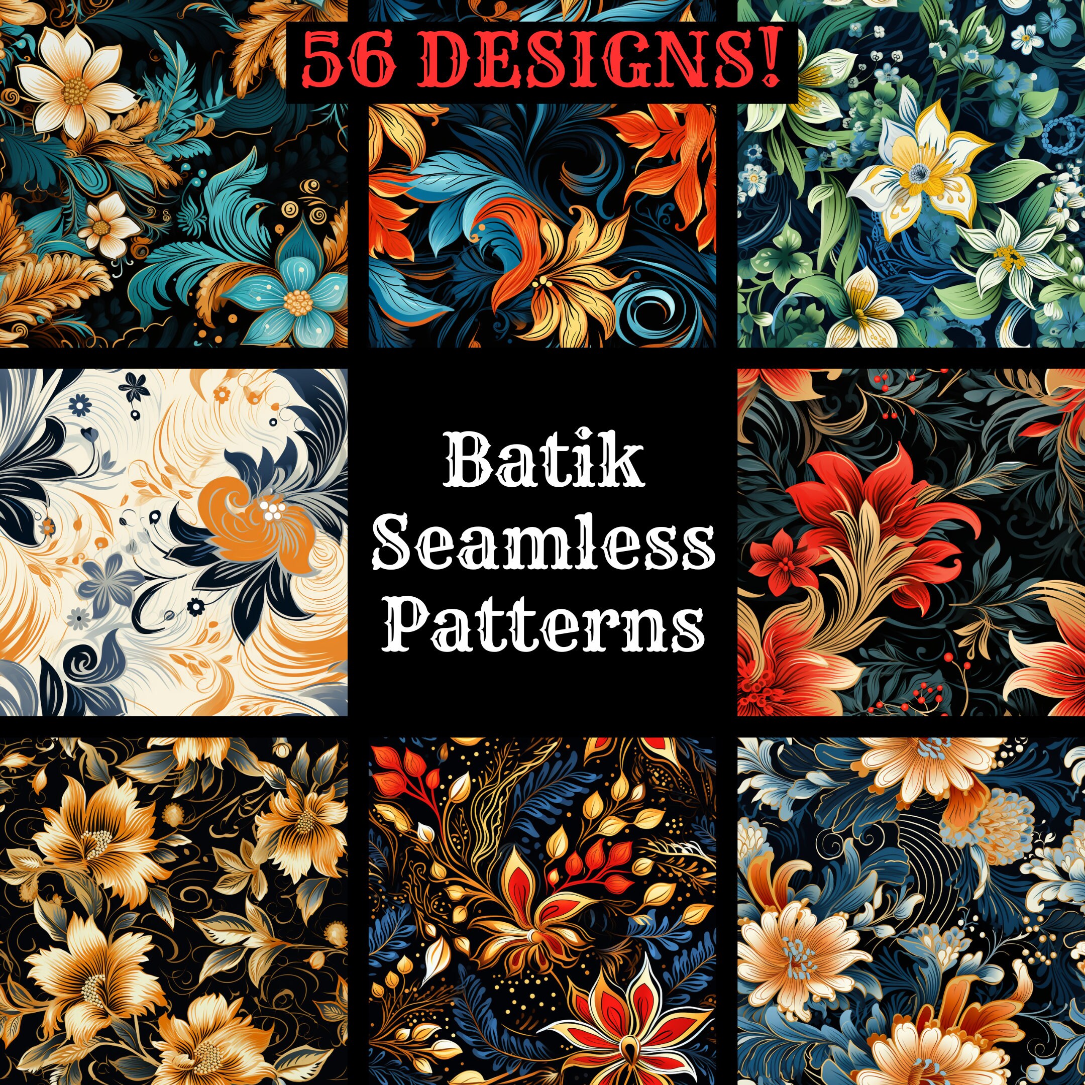 Batik Floral Seamless Patterns: 56 PNG Digital Papers (commercial Use ...