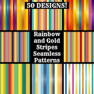 Arco-íris e listras douradas, papel digital sem costura para impressão, scrapbook, textura sem costura, download instantâneo digital, listras douradas e arco-íris