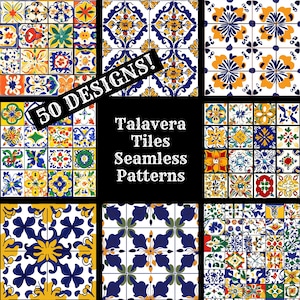 May include: A collection of 50 Talavera tile designs in a seamless pattern. The tiles feature intricate floral and geometric patterns in vibrant colors like blue, yellow, green, and red. The image includes the text "50 Designs!" and "Talavera Tiles Seamless Patterns."