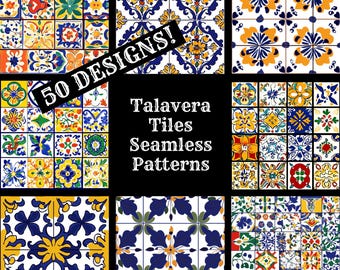 Puede incluir: Una colección de 50 diseños de azulejos Talavera en un patrón sin costuras. Los azulejos presentan intrincados diseños florales y geométricos en colores vibrantes como el azul, el amarillo, el verde y el rojo. La imagen incluye el texto "50 Designs!" y "Talavera Tiles Seamless Patterns."