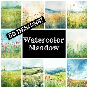 以下が含まれることがあります： 水彩画の牧草地のデザインのコレクション。画像には、野花、草、なだらかな丘のあるさまざまな牧草地のシーンを示す9つのパネルがあります。「50 DESIGNS！」と「Watercolor Meadow」の文字も表示されています。