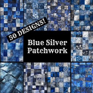 Papier pour journal patchwork bleu argent : 50 modèles PNG (téléchargement numérique)