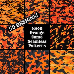 Neon Orange Camo Seamless Patterns: 50 PNG Digital Papers (Digital Download)