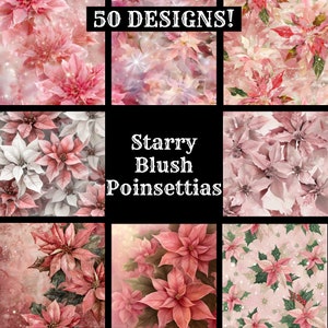 Könnte beinhalten: 50 digitale Designs mit rosa und weißen Weihnachtssternen auf einem sternenübersäten Hintergrund. Der Text "Starry Blush Poinsettias" befindet sich in der Mitte des Bildes.
