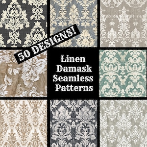 May include: A collage of nine different damask patterns in various colors, including beige, gray, and blue. The patterns are all seamless and feature a classic damask design. The text "50 DESIGNS!" is superimposed on the image, along with the text "Linen Damask Seamless Patterns".