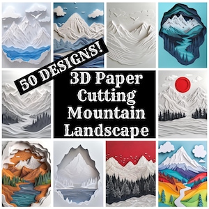 Puede incluir: Un collage de 10 paisajes de montaña de papel recortado en 3D. Cada diseño presenta una combinación de colores y un estilo únicos. El texto "50 DESIGNS! 3D Paper Cutting Mountain Landscape" se muestra en el centro de la imagen.