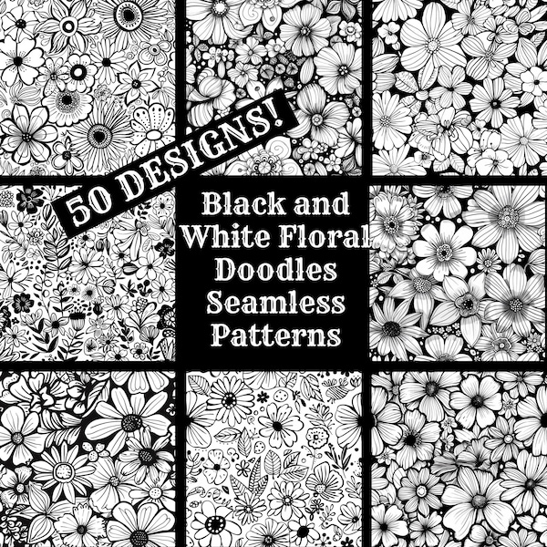 Black and White Floral Doodles Seamless Patterns (Digital Download)
