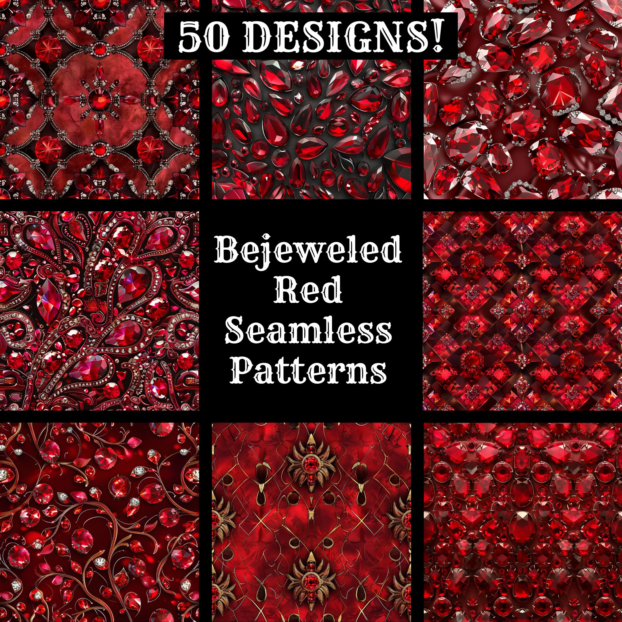 Bejeweled Red Seamless Pattern: 50 PNG Digital Papers (digital Download ...