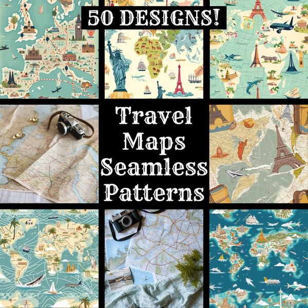 Travel Maps Seamless Digital Paper, Printable Scrapbook Paper Seamless Textures, Digital Instant Download Travel Maps Fabric Sublimation
